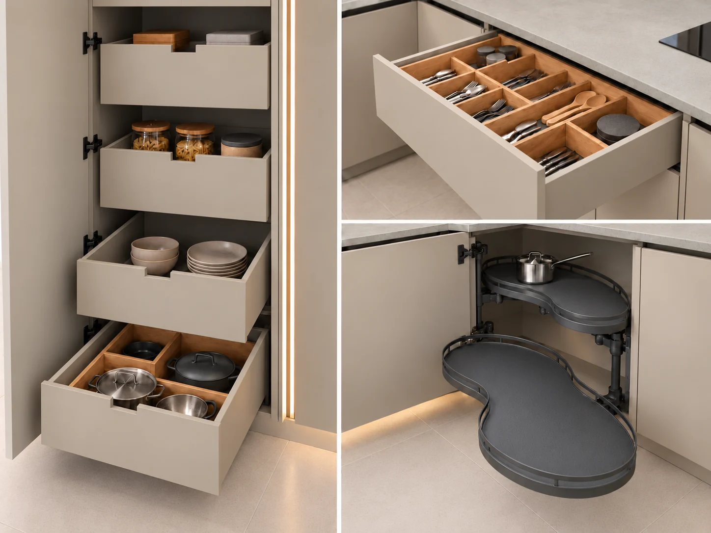 Planungsvisualisierung geöffneter Küchenmöbel mit Schubkästen und Eckauszug